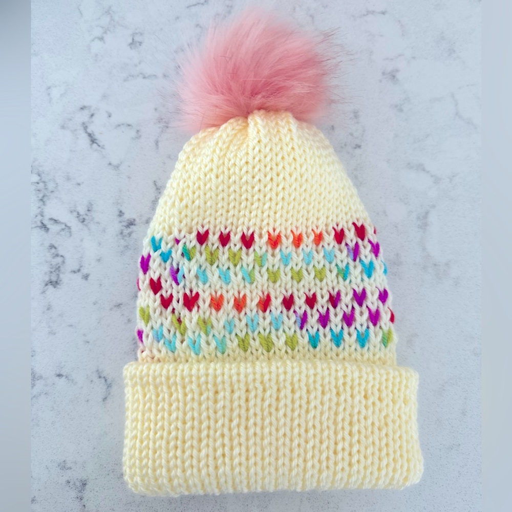 🤍 Handmade White Knit Hat – Rainbow Fair Isle + Pink Fur Pom Pom 🤍